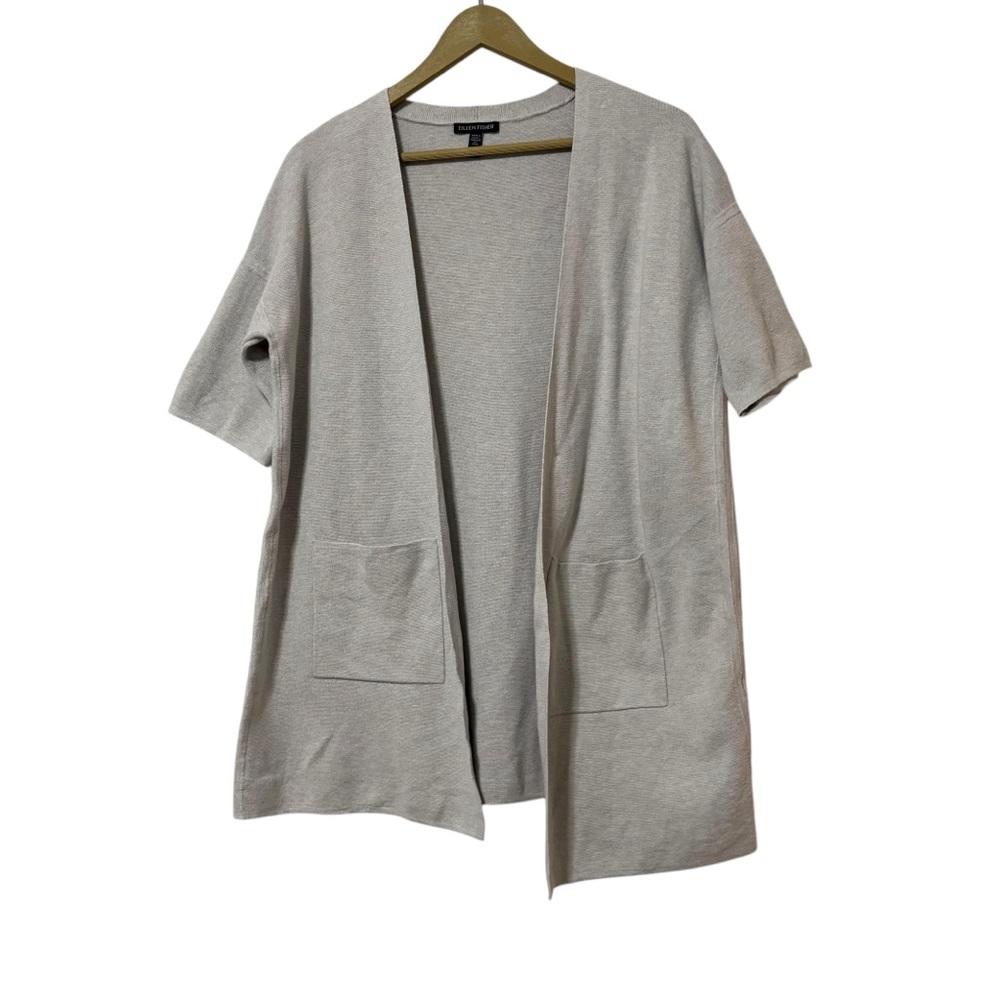 Eileen Fisher Size XS Gray‎ Knit Organic Cotton Open Front Cardigan Pockets